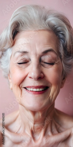 Smiling elderly woman with gray hair against a soft pink background, embodying joy and serenity in a calm indoor setting. Generative AI