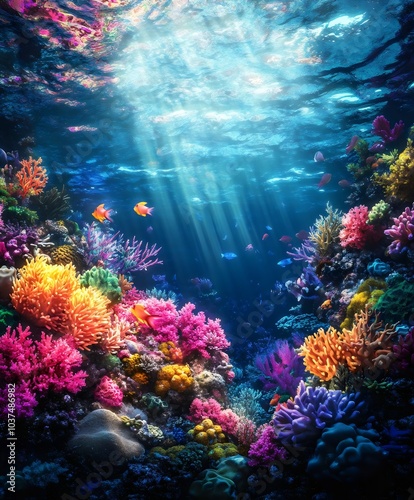 Vibrant Underwater Coral Reef Ecosystem Rich Marine Life Colors Sunshine