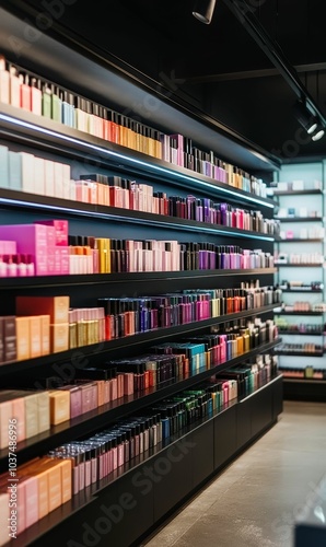 Rows of colorful bottles on black shelves.