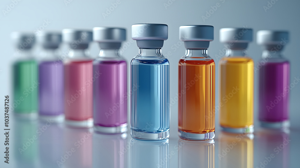 Colorful Vaccination Vials Lined Up on a Clean Table with White Background Colorful Vaccination Vials Lined Up on a Clean Table with White Background