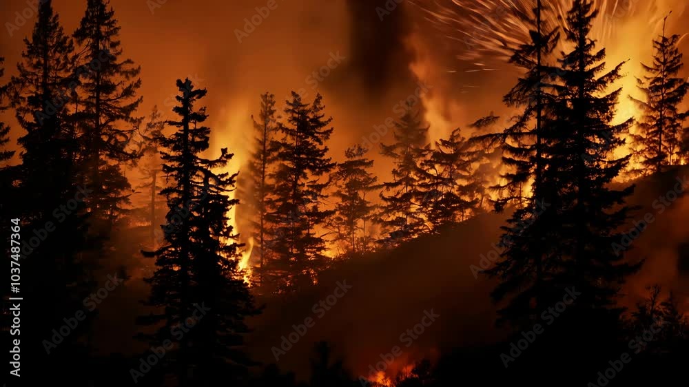 Intense Forest Fire Engulfing Trees at Night Intense Forest Fire Engulfing Trees at Night