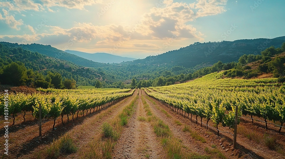 Sun-Drenched Vineyard Path: A picturesque view of a vineyard extending towards sunlit mountains under a vibrant sky. The dirt road invites exploration amidst rows of lush grapevines. Sun-Drenched Vineyard Path: A picturesque view of a vineyard extending towards sunlit mountains under a vibrant sky. The dirt road invites exploration amidst rows of lush grapevines.