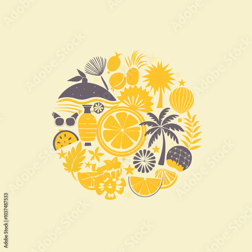 Collection of summer icon, vector illustration design, monochrome geometric yellow summer Collection.