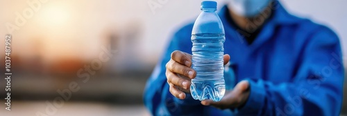 a person wearing a mask and holding a bottle of water photo