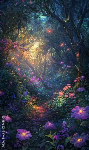 A magical forest path with glowing flowers.