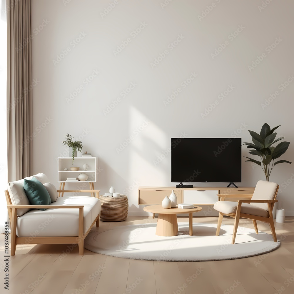 Fototapeta premium cozy modern home interior with natural wooden furniture mock-up