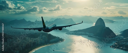 Airplane Flying Over Rio de Janeiro with Sugarloaf Mountain in the Background