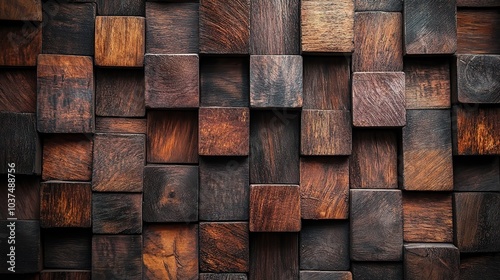 Rustic Wooden Wall: A captivating close-up of a textured wooden wall, showcasing a mosaic of wood blocks in various shades of brown, creating a natural and inviting backdrop. 