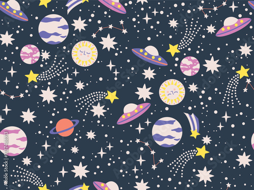 COLORFUL SPACE AND UFO REPEAT PATTERN. GALAXY, DREAM, UNIVERSE, SPACE TRIP, AND STARS. GALAXY AND SPACE SEAMLESS PRINT IN VECTOR FILE