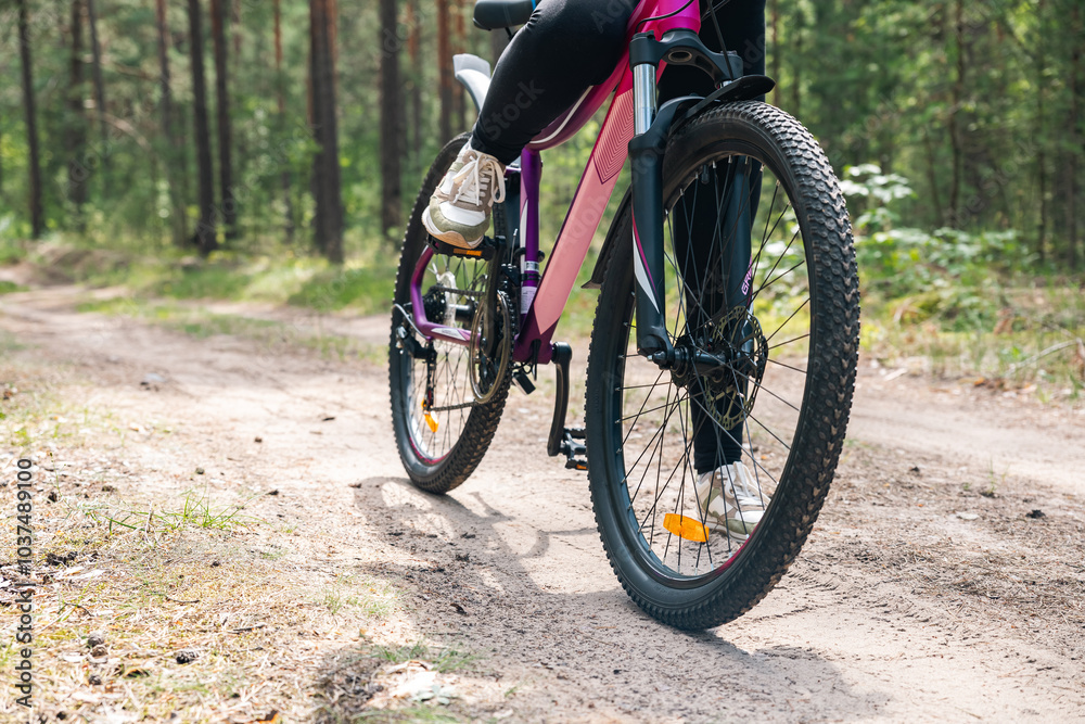 Front wheel of a bicycle, highlighting the disc brake system. Disc brakes offer excellent braking performance, especially in wet or muddy conditions. Spokes and rim. Front wheel of a bicycle, highlighting the disc brake system. Disc brakes offer excellent braking performance, especially in wet or muddy conditions. Spokes and rim.