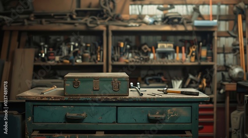 In a garage a toolbox and a hammer