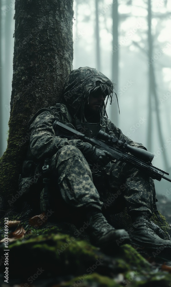 Camouflaged soldier with rifle in foggy forest. Camouflaged soldier with rifle in foggy forest.