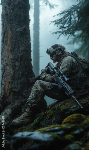 Camouflaged soldier in foggy forest with rifle.