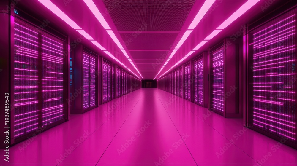 Neon-lit server room corridor