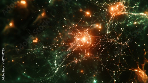 Abstract dark green and orange background with glowing particles and network structure.