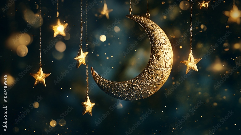 Golden Crescent Moon and Stars Hanging with Bokeh Background Golden Crescent Moon and Stars Hanging with Bokeh Background