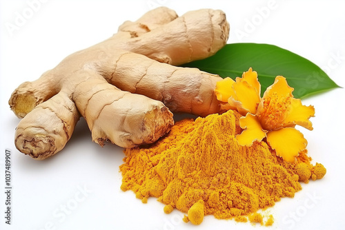 A shot of turmeric powder and fresh ginger root isolated on a white background. photo