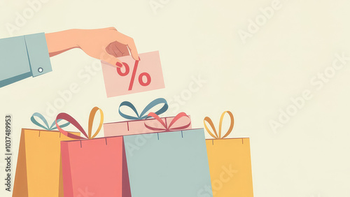 Female hand throwing red percent symbol into shopping bag. Gift bags are standing on pastel background with copy space. Concept of discounts and sales during holidays.