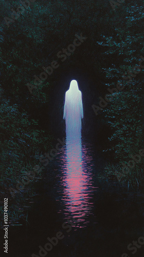 dark forest with a lake in the middle, a glowing ghost of a woman standing by the lake. Hard shadows, comic