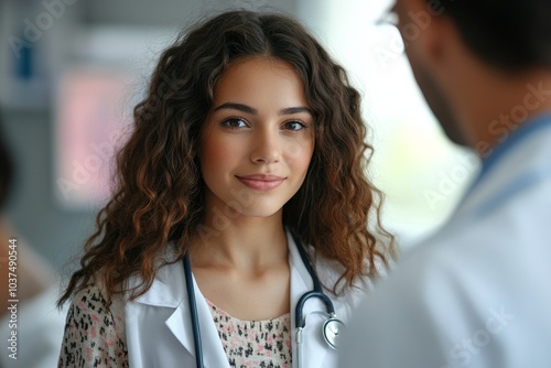 Young woman breathing while male doctor holding stethoscope on female chest, efficient general practitioner checking lungs of female, Generative AI