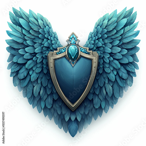 A striking emblem featuring a heart-shaped shield and elaborate blue wings, symbolizing protection and strength. photo