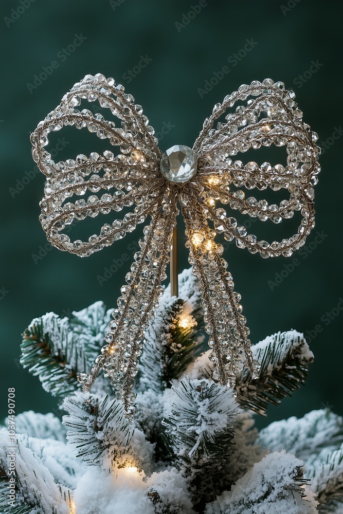 Christmas tree topper shaped like a bow adorned with sparkling crystal beads. The bow sits atop a frosted tree with lights garland, dark green background Christmas tree topper shaped like a bow adorned with sparkling crystal beads. The bow sits atop a frosted tree with lights garland, dark green background