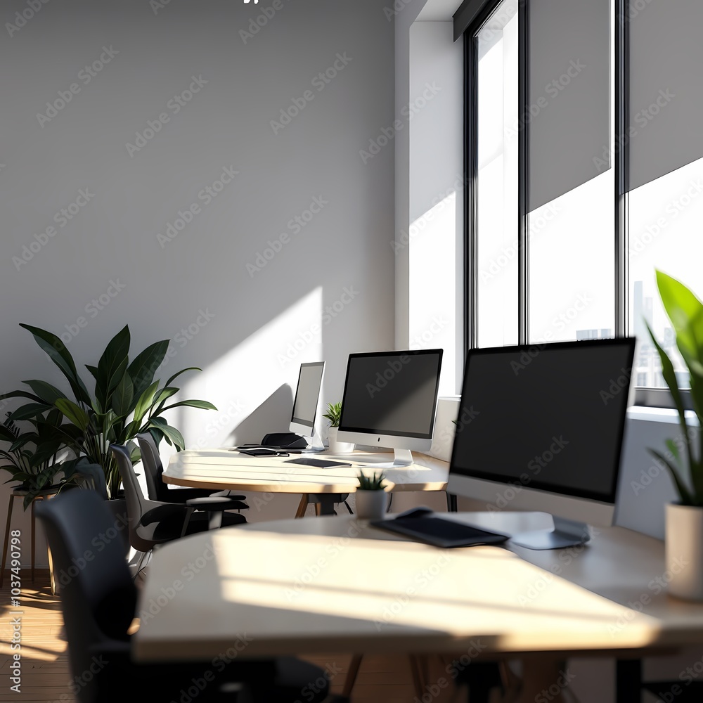 office workplace interior with row of desktops on tables office workplace interior with row of desktops on tables