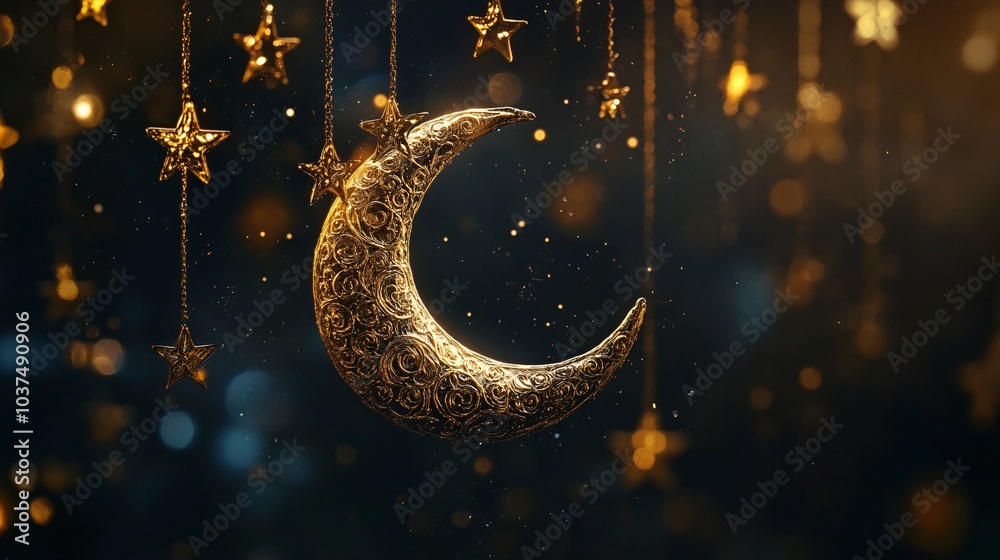 A golden crescent moon ornament hanging with stars on a dark background