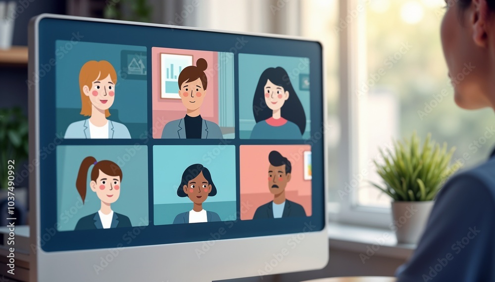 Diverse Group in Video Conference Call on Computer Screen Diverse Group in Video Conference Call on Computer Screen
