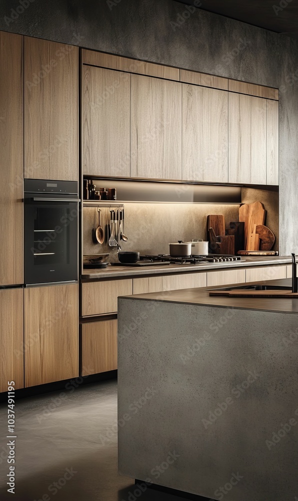 Modern kitchen with wood cabinets and concrete island. Modern kitchen with wood cabinets and concrete island.
