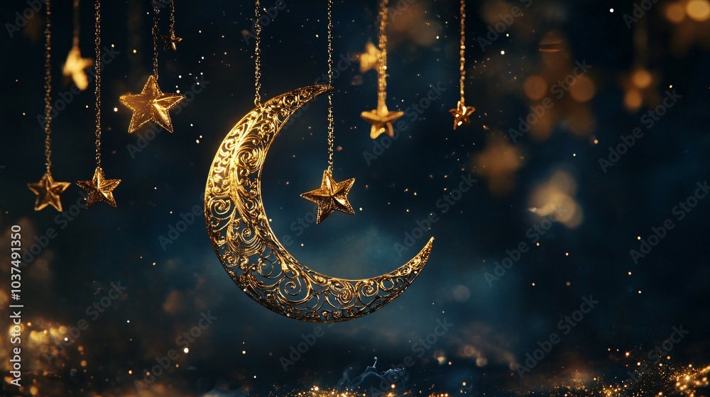 Golden Crescent Moon and Stars Hanging Against a Dark Blue Background Golden Crescent Moon and Stars Hanging Against a Dark Blue Background