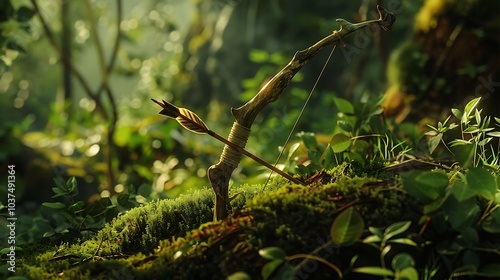 In a mystical glade an elfin bow and arrows sit on a moss covered wood photo