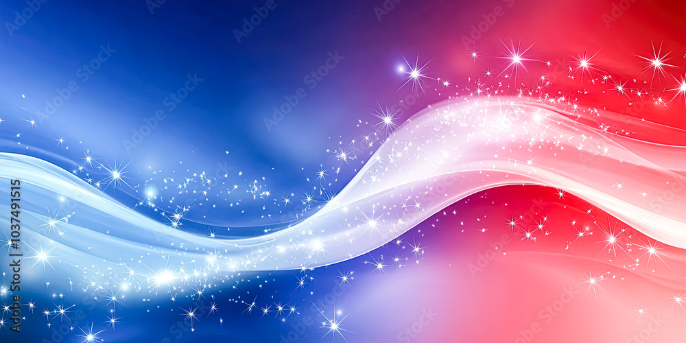 Obraz premium Colorful wave with stars and a blue, white, and red background. The wave is full of stars and the colors are bright and vibrant