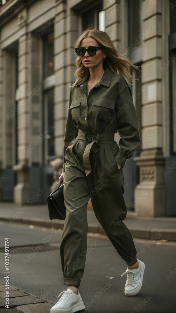 Fototapeta premium A woman dressed in a fashionable green jumpsuit strolls through an urban area, exuding confidence as she carries a black handbag and wears stylish sunglasses. Generative AI
