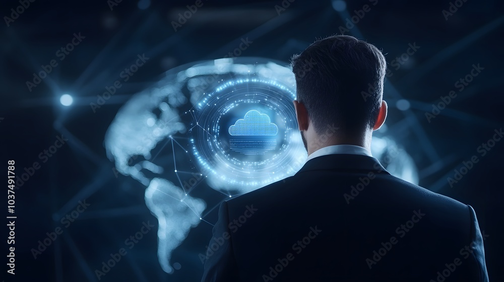 Back view of young businessman looking at global network hologram on dark background Back view of young businessman looking at global network hologram on dark background