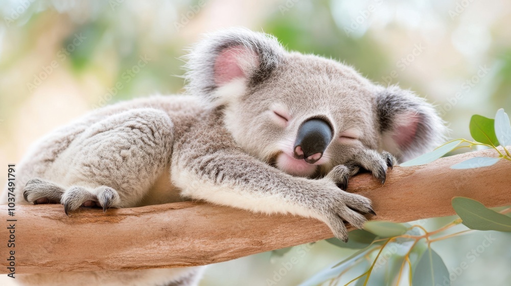 Obraz premium Sleeping Baby Koala in a Tree Branch Oasis