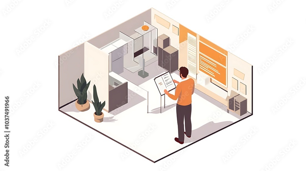 Isometric Illustration of Man Reading Information in a Modern Office Isometric Illustration of Man Reading Information in a Modern Office