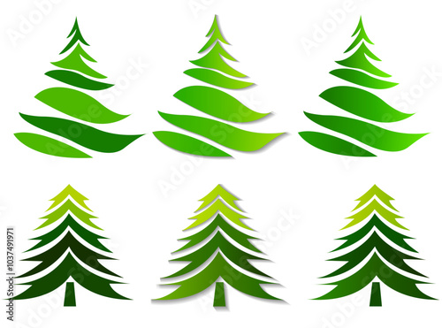 This image features a set of Christmas trees in various green shades, layered designs on a white background, concept of holiday decor. Vector illustration