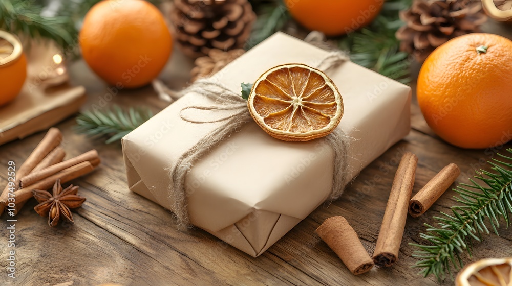Wrapped Gift with Dried Orange Slice and Cinnamon Sticks on a Rustic Wooden Surface Wrapped Gift with Dried Orange Slice and Cinnamon Sticks on a Rustic Wooden Surface