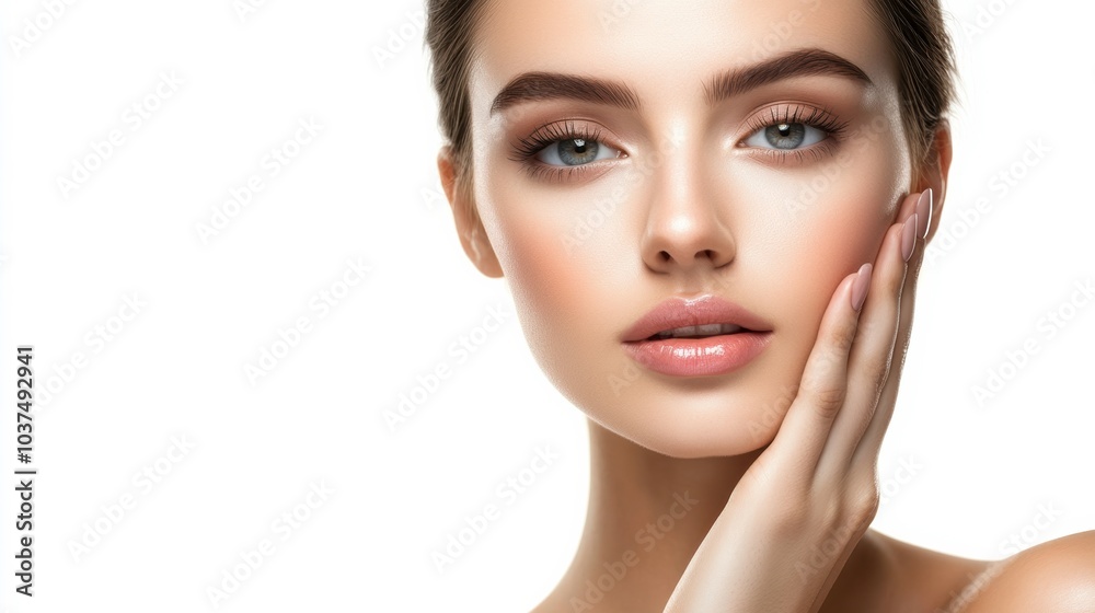 Young Woman Showcases Her Smooth Skin While Practicing Skincare in a Bright Setting Against a White Backdrop. Generative AI