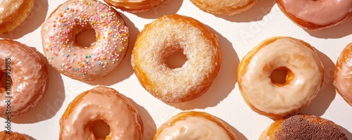 A colorful assortment of delicious donuts, featuring various toppings and glazes, arranged neatly on a light background.