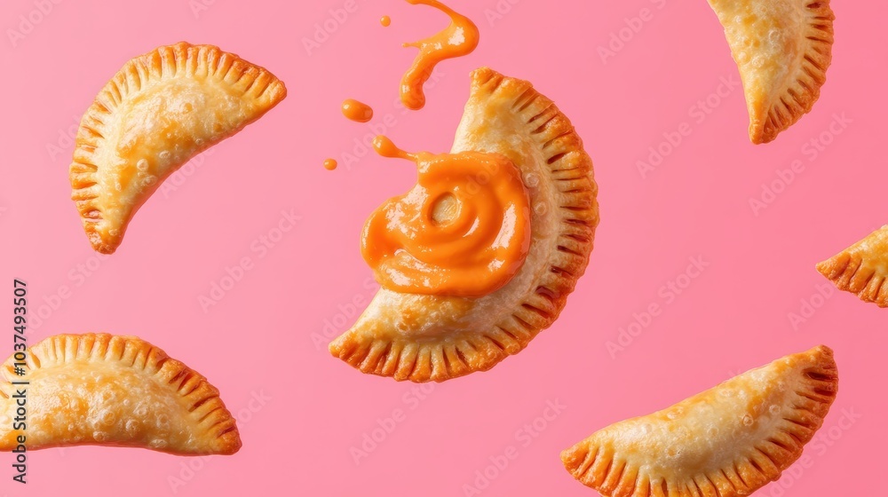 Obraz premium A colorful, playful arrangement of golden-brown empanadas on a pink background, with one drizzled in vibrant orange sauce.