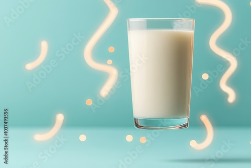 A glass of milk floats against a turquoise background, surrounded by playful swirls and dots, creating a vibrant, lively atmosphere. photo