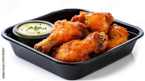 Crispy Chicken Wings with Dipping Sauce in Black Tray