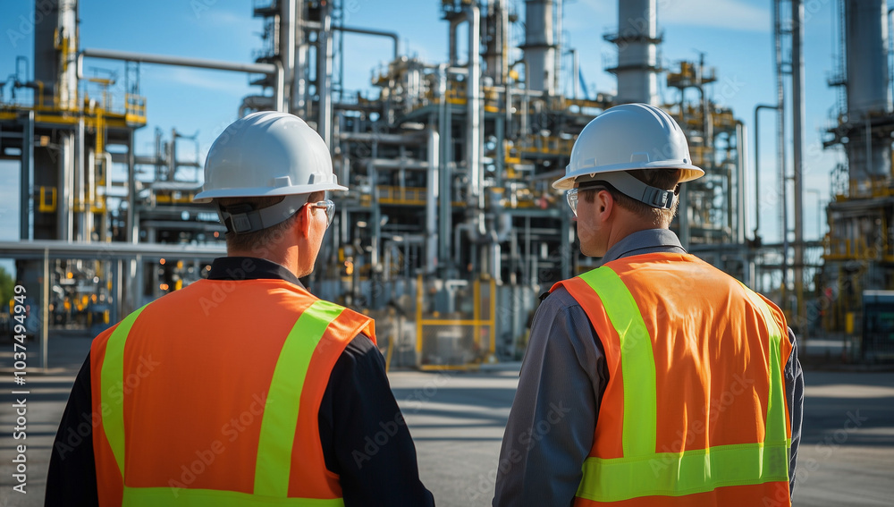 A worker in a yellow safety suit and helmet is standing near an oil and gas industry plant with a blue sky background, looking at the ground, viewed from behind. A worker in a yellow safety suit and helmet is standing near an oil and gas industry plant with a blue sky background, looking at the ground, viewed from behind.
