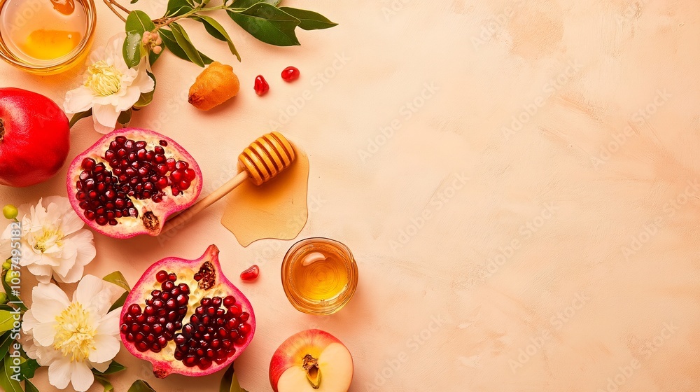 flat lay composition with pomegranate and honey on grey background flat lay composition with pomegranate and honey on grey background
