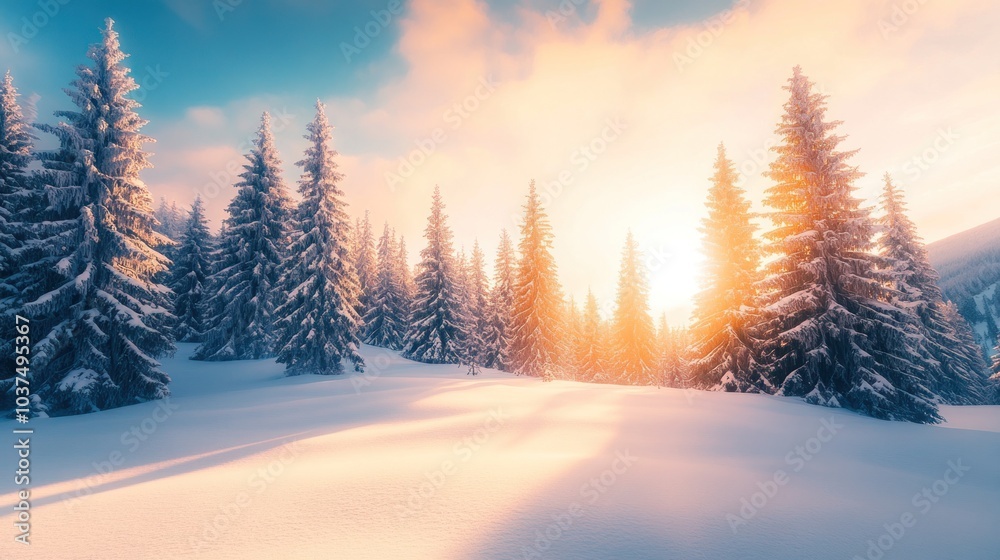 Snowy Forest at Sunset