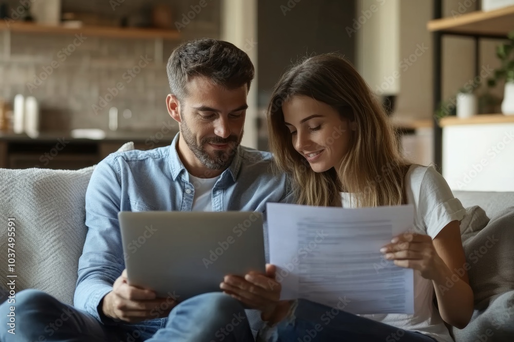 Happy European spouses holding papers and banking on Internet, paying bills online while staying home, sitting on couch, using laptop, Generative AI Happy European spouses holding papers and banking on Internet, paying bills online while staying home, sitting on couch, using laptop, Generative AI