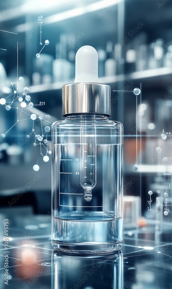 Glass dropper bottle with clear liquid in lab. Glass dropper bottle with clear liquid in lab.