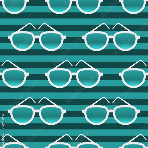 Bright sunglasses seamless pattern on striped background. Flat cartoon style vector illustration.	
